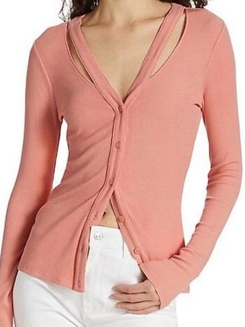 PAIGE Peach Ribbed V-Neck Button-Front Cardigan